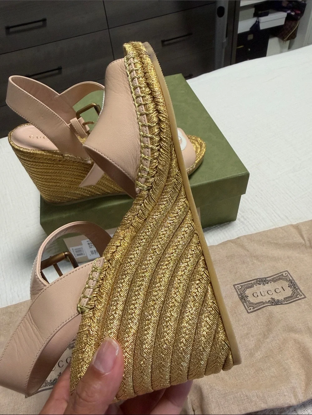 Gucci Pink Leather GG Espadrille Wedge Sandals with Gold Rope Platform